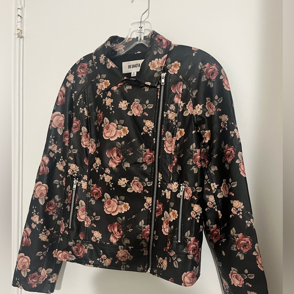 BB Dakota Black Pink Floral Rose Soft Leather Moto Jacket - Picture 11 of 13